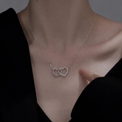 Silver Double Heart Crystal Pendant Necklace
